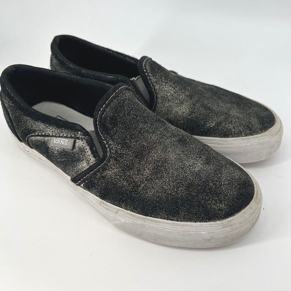 Vans Slip On Sneakers Black and Glitter Suede Womens Shoes Size 6 - Picture 1 of 8